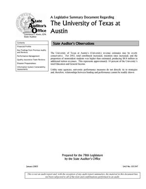 A Legislative Summary Document Regarding University of Texas at Austin