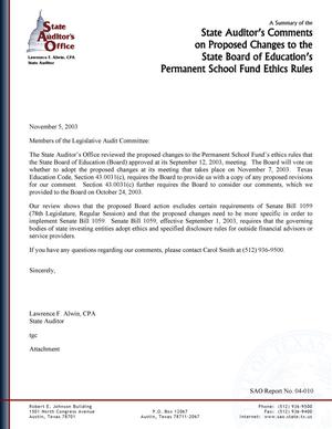 Primary view of object titled 'A Summary of the State Auditor's Comments on Proposed Changes to the State Board of Education's Permanent School Fund Ethics Rules'.