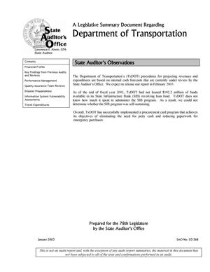 A Legislative Summary Document Regarding Department of Transportation