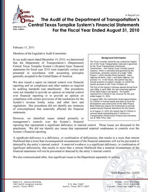 Primary view of object titled 'A Report on the Audit of the Department of Transportation's Central Texas Turnpike System's Financial Statements for the Fiscal Year Ended August 31, 2010'.