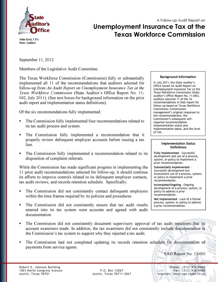 A Follow-up Audit Report on Unemployment Insurance Tax at the Texas  Workforce Commission - The Portal to Texas History