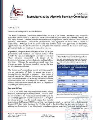 Primary view of object titled 'An Audit Report on Expenditures at the Alcoholic Beverage Commission'.