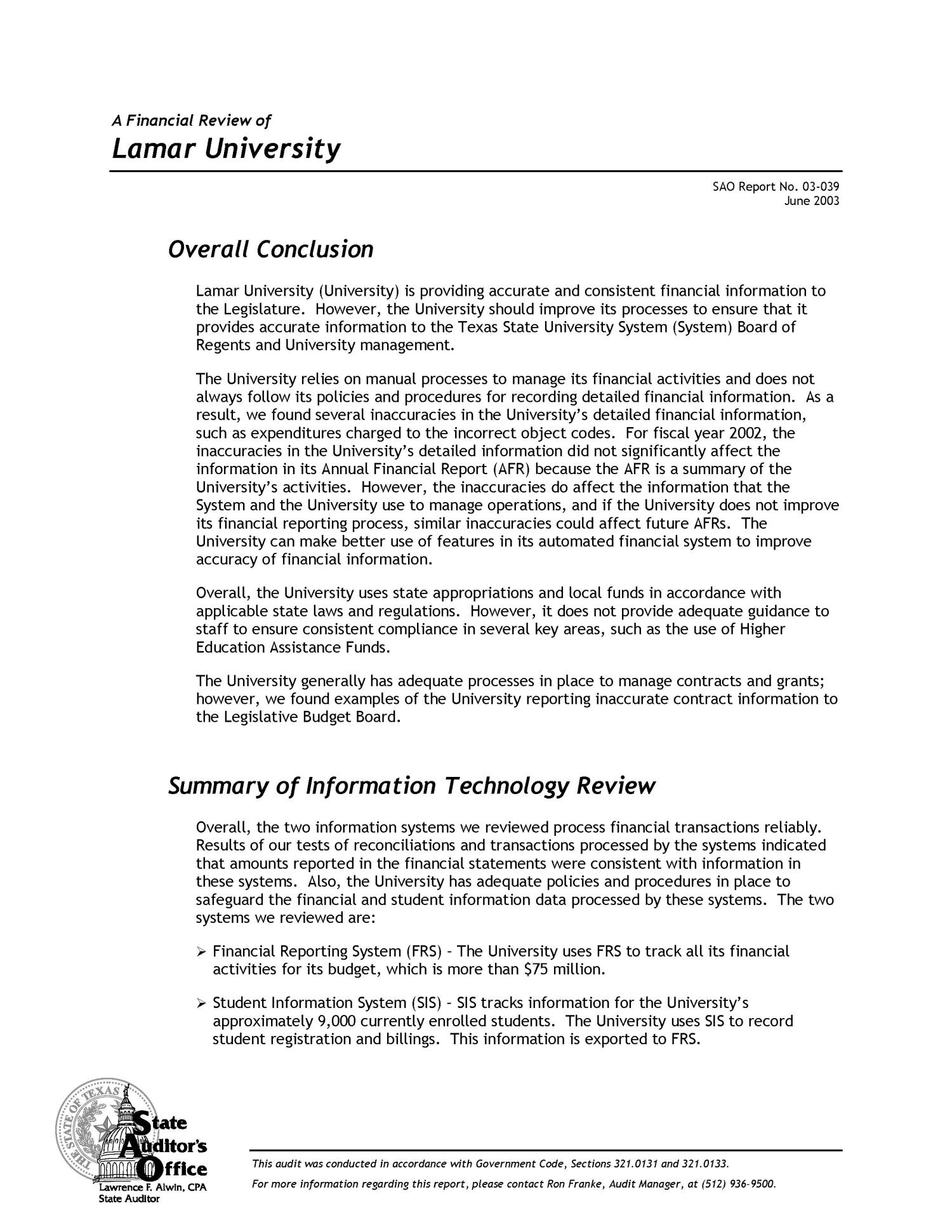 A Financial Review of Lamar University
                                                
                                                    [Sequence #]: 3 of 17
                                                