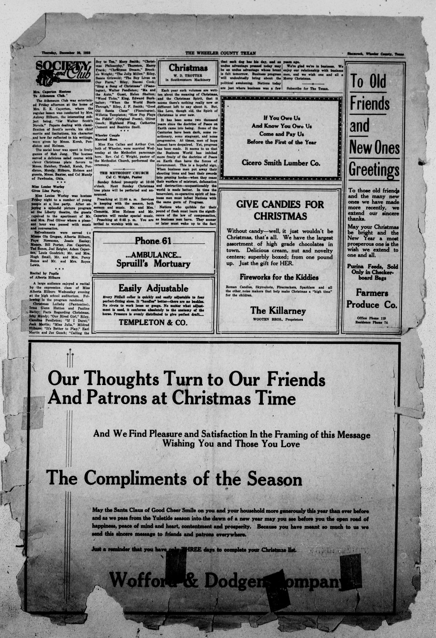 The Wheeler County Texan (Shamrock, Tex.), Vol. 20, No. 33, Ed. 1 Thursday, December 20, 1923
                                                
                                                    [Sequence #]: 4 of 4
                                                