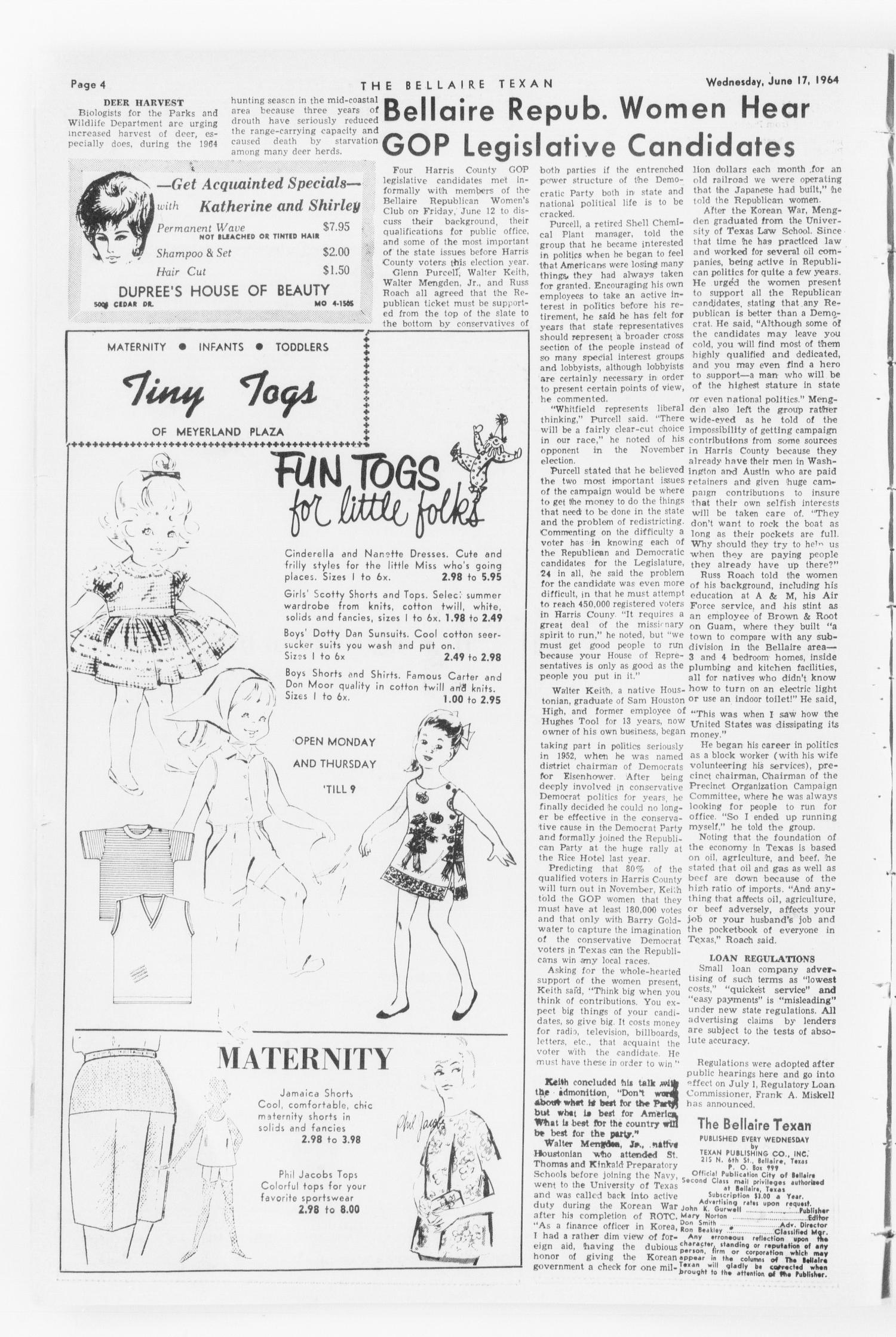 The Bellaire Texan (Bellaire, Tex.), Vol. 11, No. 16, Ed. 1 Wednesday, June 17, 1964
                                                
                                                    [Sequence #]: 4 of 71
                                                