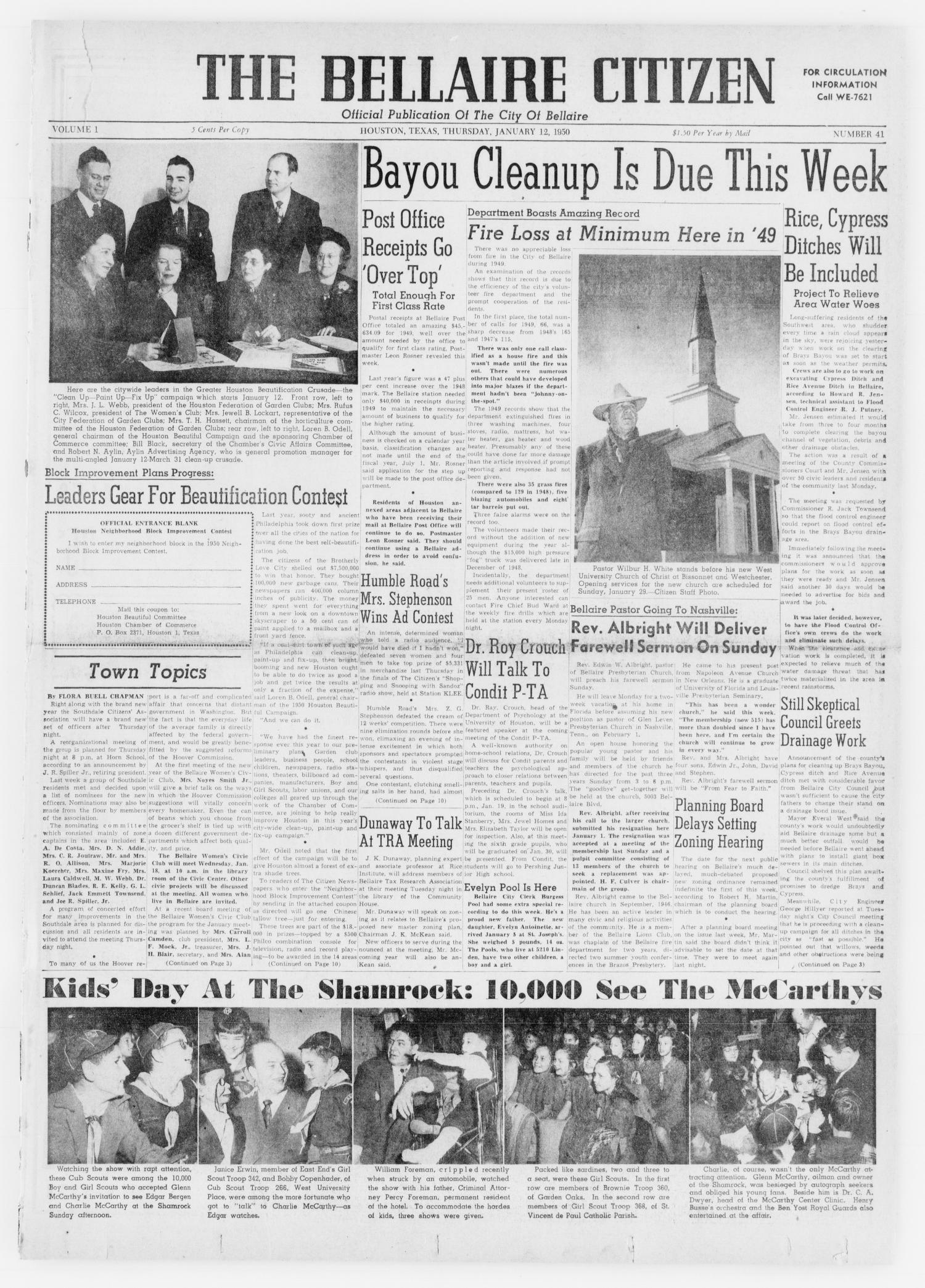 The Bellaire Citizen (Houston, Tex.), Vol. 1, No. 41, Ed. 1 Thursday, January 12, 1950
                                                
                                                    [Sequence #]: 1 of 14
                                                