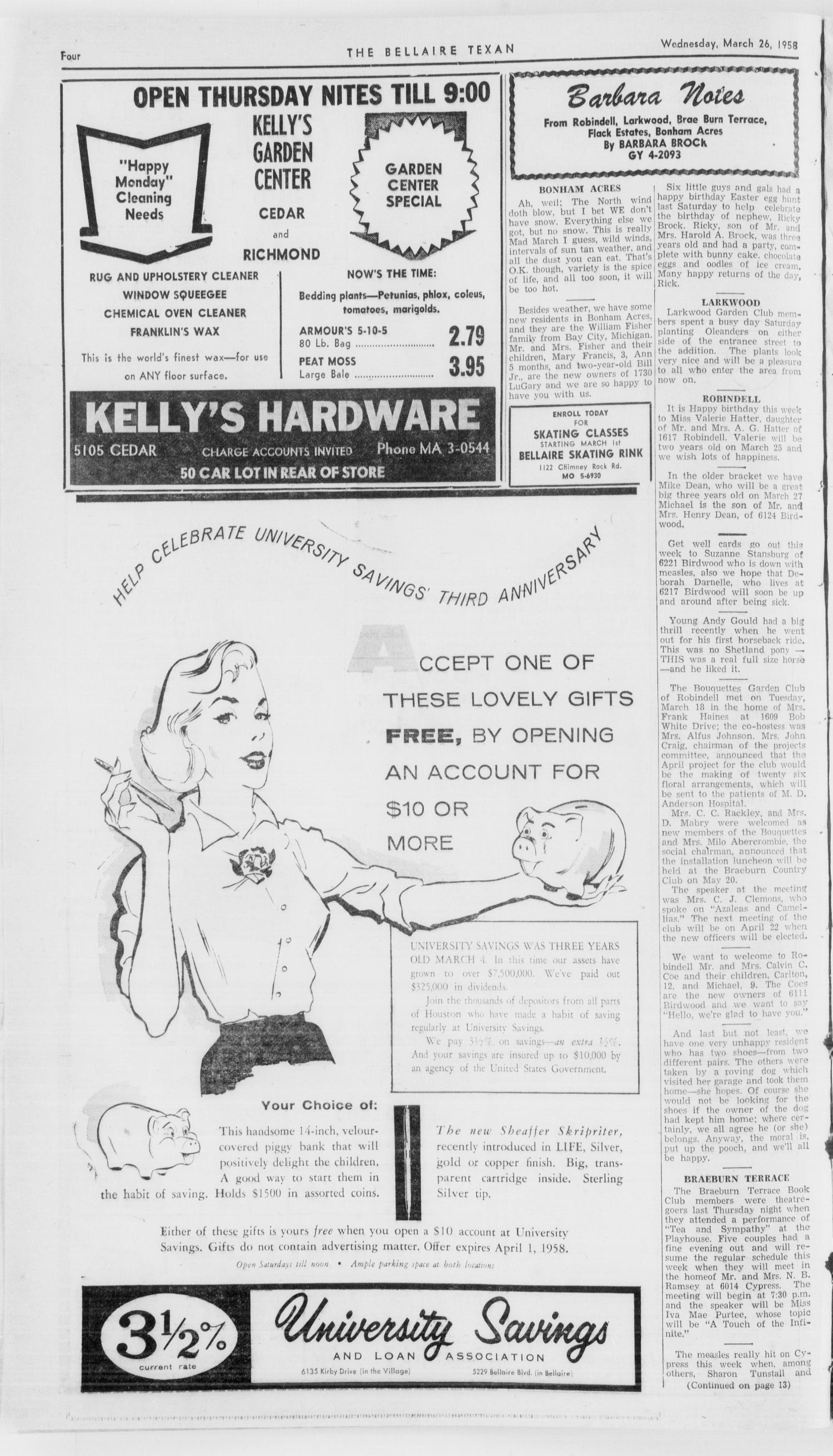 The Bellaire Texan (Bellaire, Tex.), Vol. 5, No. 6, Ed. 1 Wednesday, March 26, 1958
                                                
                                                    [Sequence #]: 4 of 28
                                                