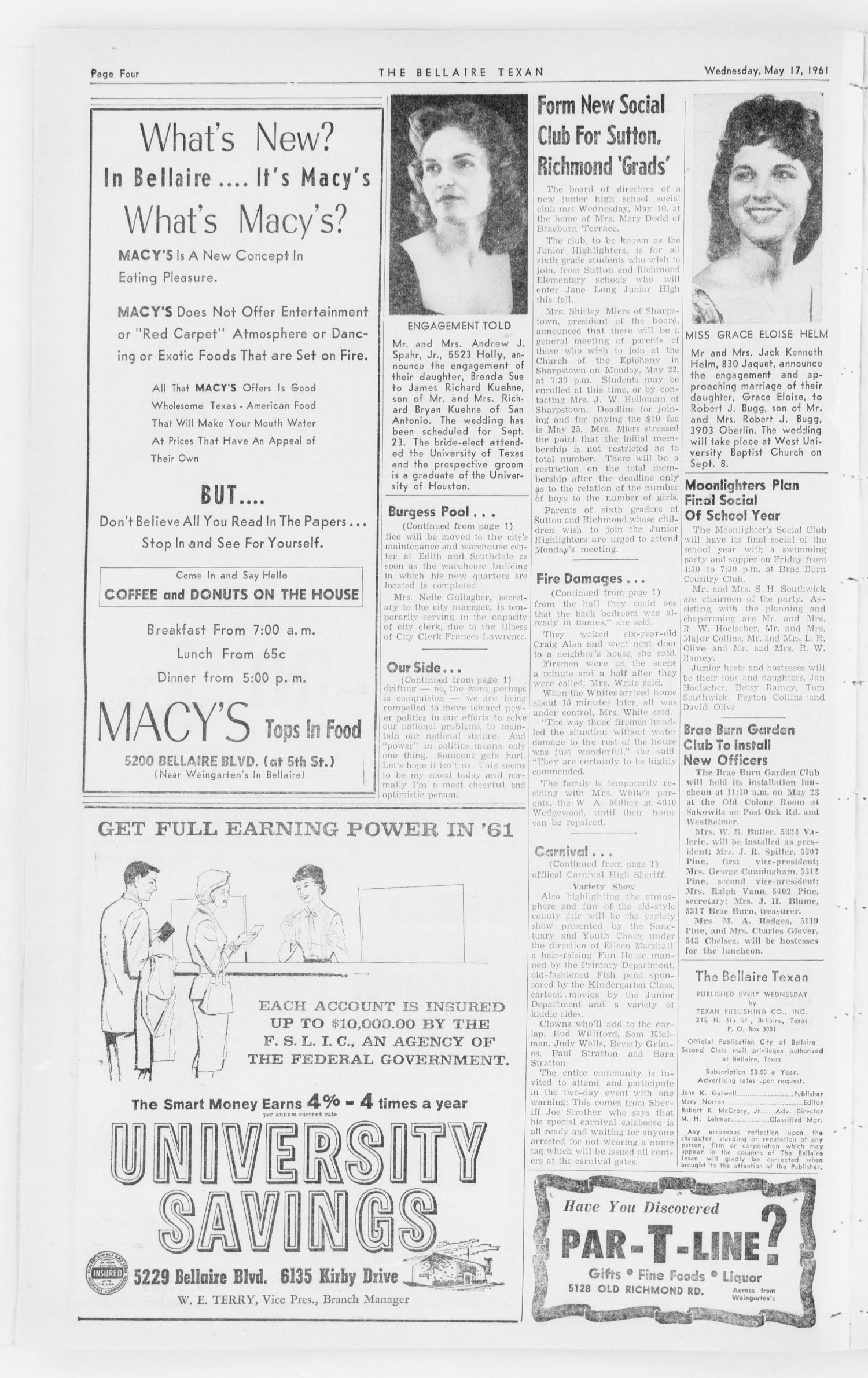 The Bellaire Texan (Bellaire, Tex.), Vol. 8, No. 12, Ed. 1 Wednesday, May 17, 1961
                                                
                                                    [Sequence #]: 4 of 20
                                                