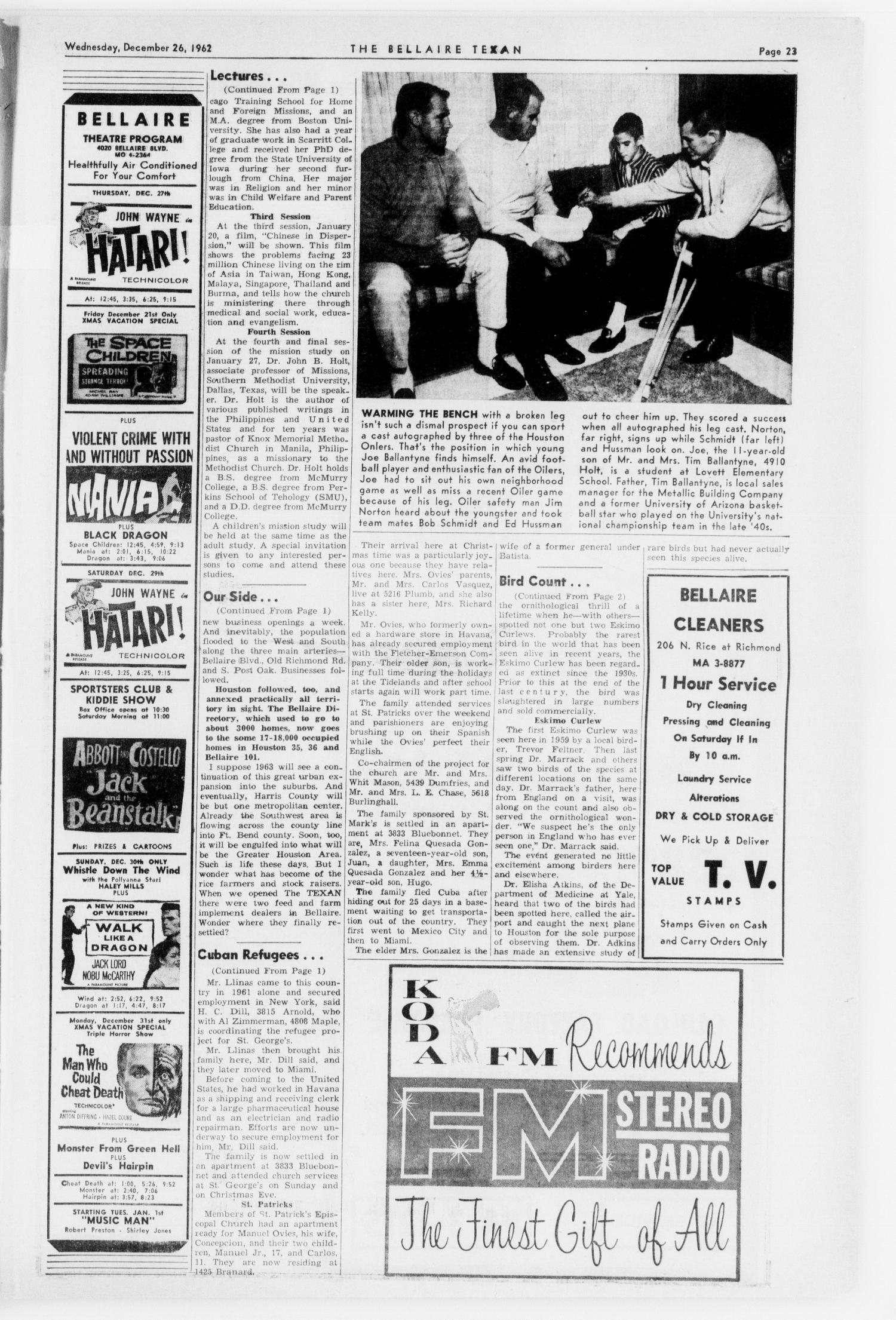 The Bellaire Texan (Bellaire, Tex.), Vol. 9, No. 44, Ed. 1 Wednesday, December 26, 1962
                                                
                                                    [Sequence #]: 23 of 24
                                                