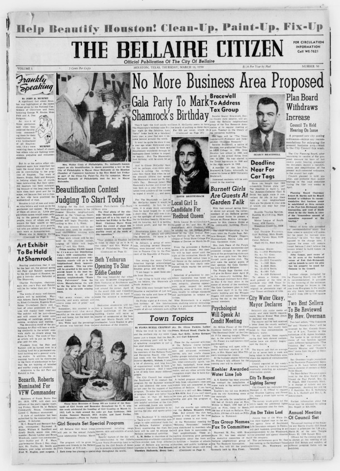 The Bellaire Citizen (Houston, Tex.), Vol. 1, No. 50, Ed. 1 Thursday, March  16, 1950 - The Portal to Texas History