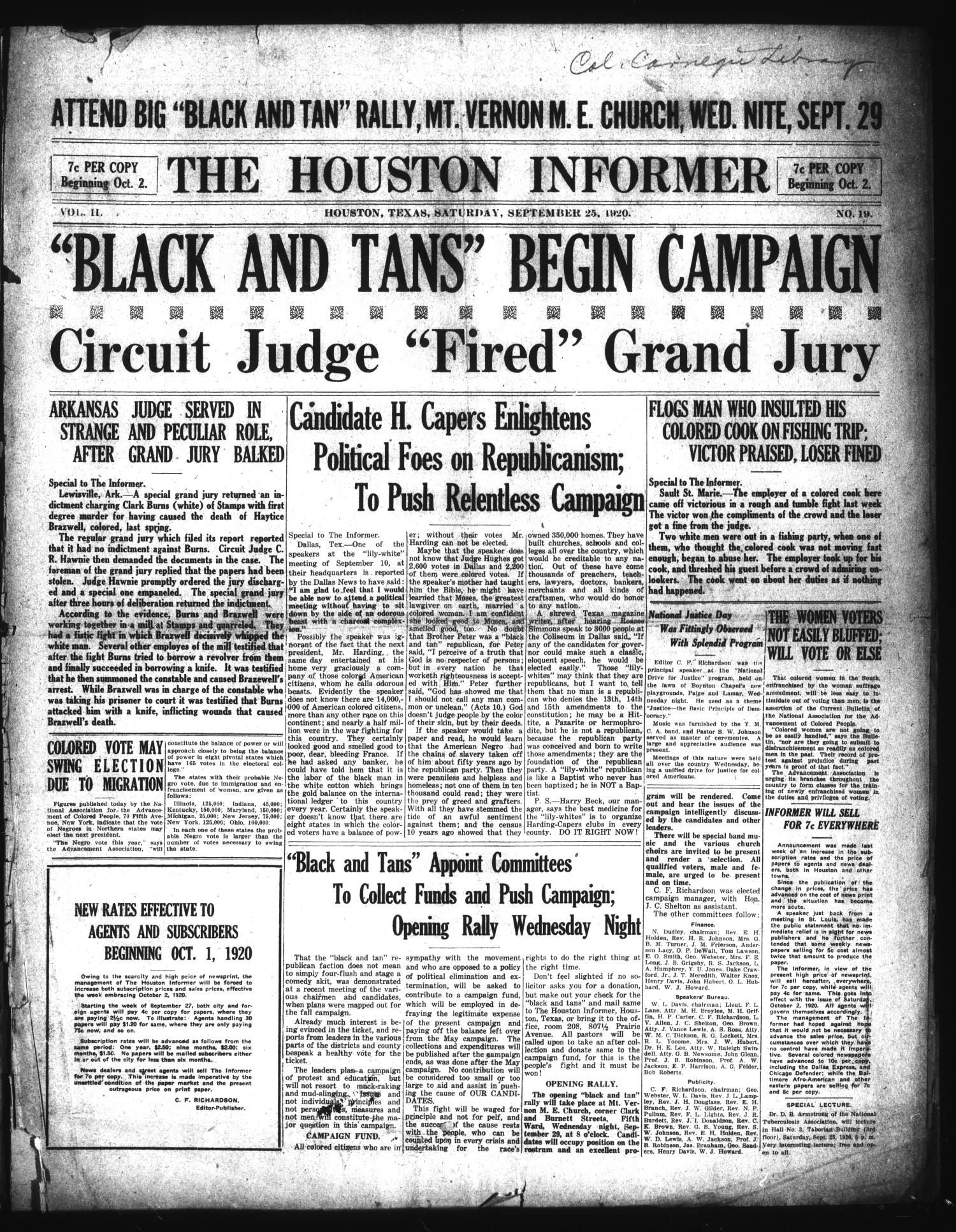 The Houston Informer (Houston, Tex.), Vol. 2, No. 19, Ed. 1 Saturday, September 25, 1920
                                                
                                                    [Sequence #]: 1 of 8
                                                