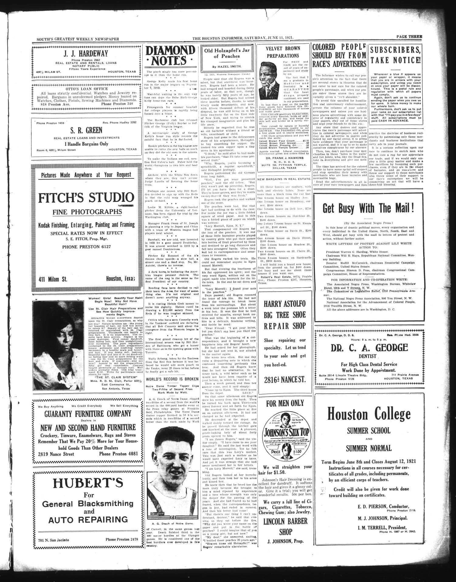 The Houston Informer (Houston, Tex.), Vol. 3, No. 4, Ed. 1 Saturday, June 11, 1921
                                                
                                                    [Sequence #]: 3 of 8
                                                