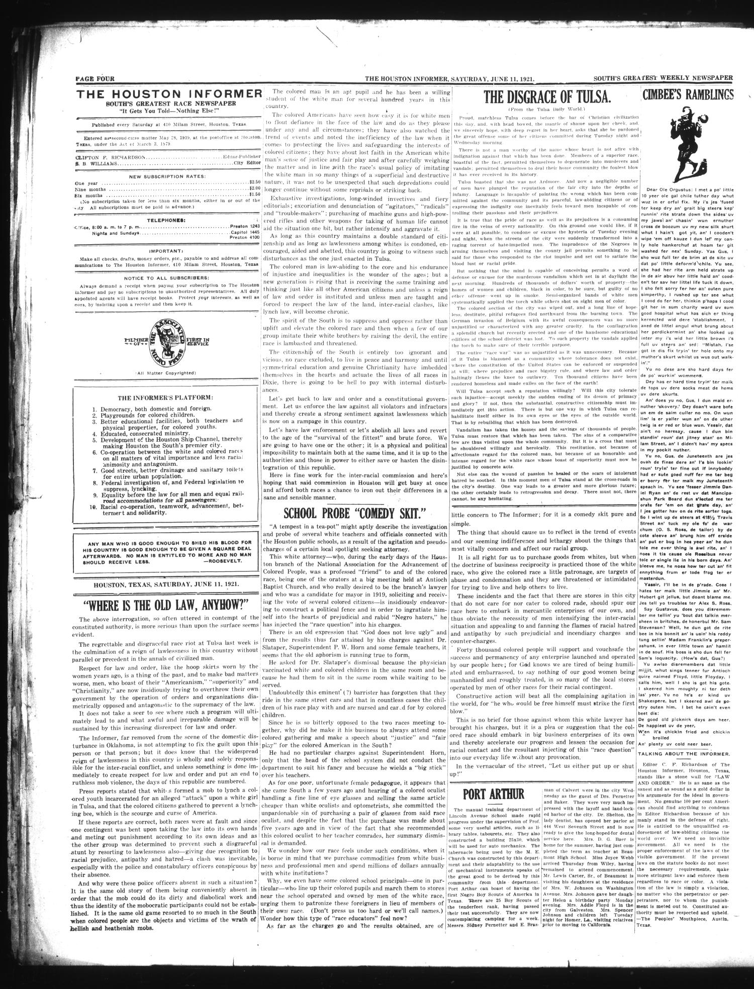 The Houston Informer (Houston, Tex.), Vol. 3, No. 4, Ed. 1 Saturday, June 11, 1921
                                                
                                                    [Sequence #]: 4 of 8
                                                