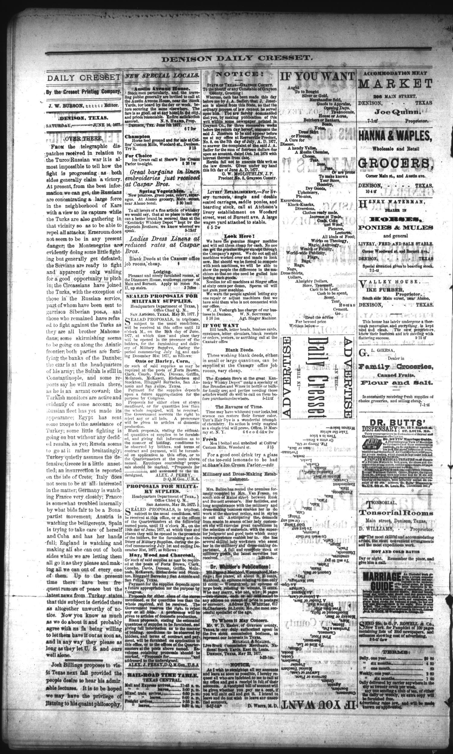 Denison Daily Cresset. (Denison, Tex.), Vol. 4, No. 221, Ed. 1 Saturday, June 16, 1877
                                                
                                                    [Sequence #]: 2 of 4
                                                