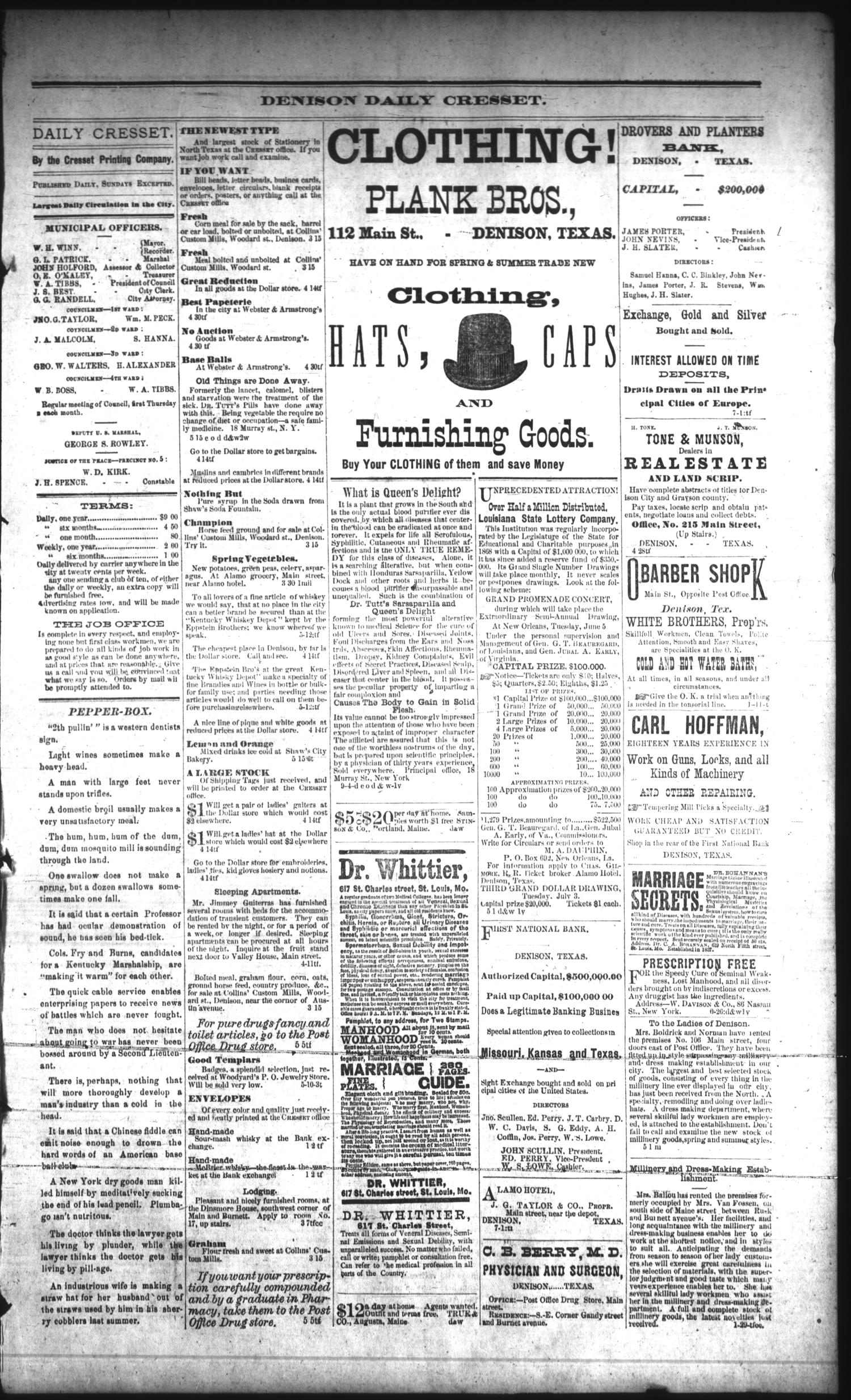 Denison Daily Cresset. (Denison, Tex.), Vol. 4, No. 198, Ed. 1 Monday, May 21, 1877
                                                
                                                    [Sequence #]: 3 of 4
                                                