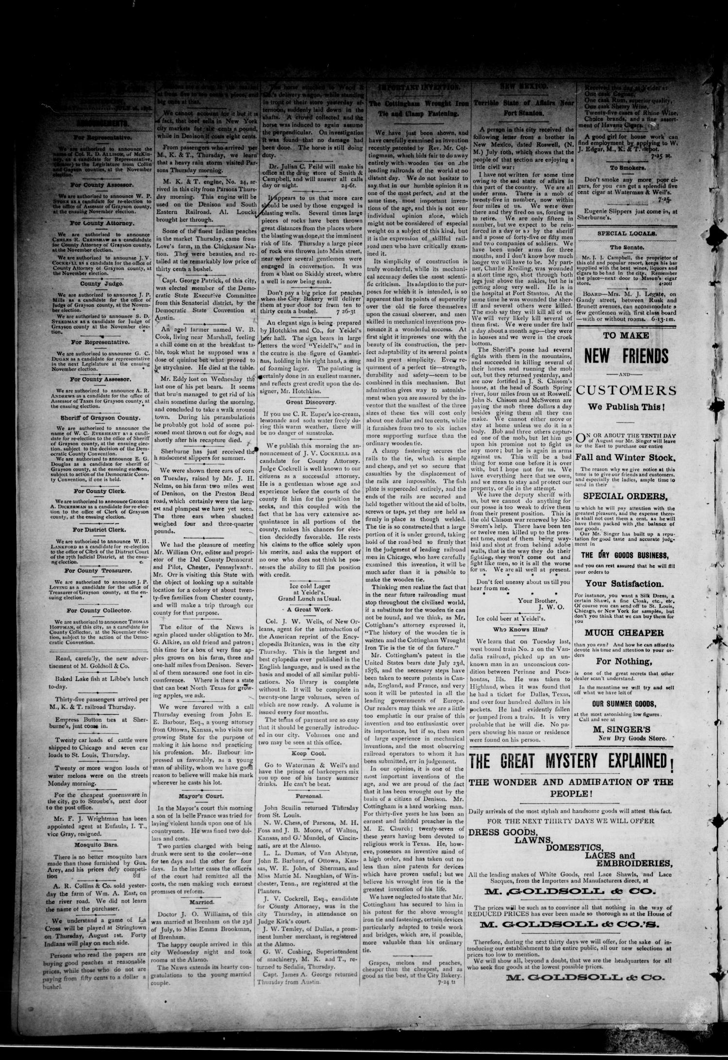 Denison Daily News. (Denison, Tex.), Vol. 6, No. 131, Ed. 1 Friday, July 26, 1878
                                                
                                                    [Sequence #]: 4 of 4
                                                