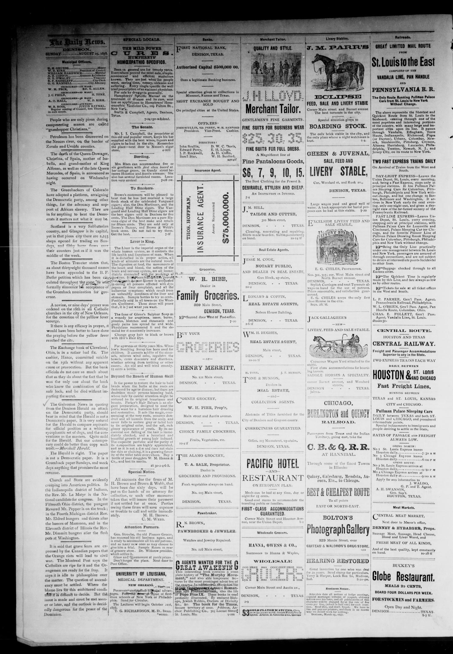 Denison Daily News. (Denison, Tex.), Vol. 6, No. 157, Ed. 1 Sunday, August 25, 1878
                                                
                                                    [Sequence #]: 4 of 8
                                                