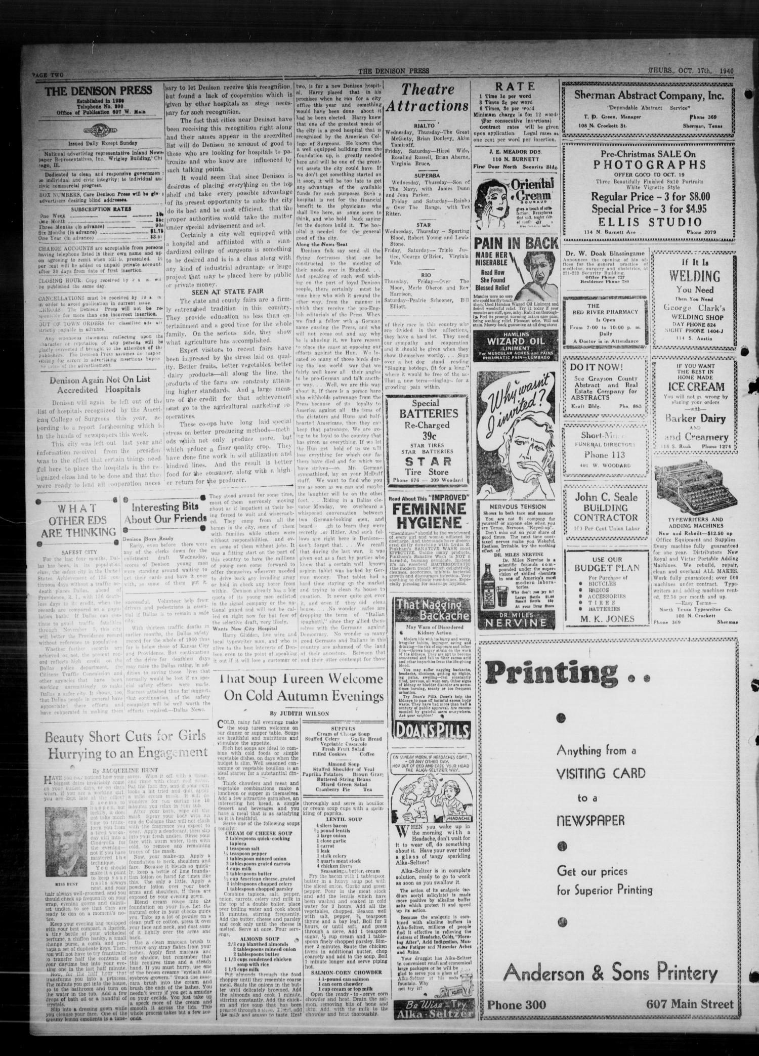 The Denison Press (Denison, Tex.), Vol. 7, No. 100, Ed. 1 Thursday, October 17, 1940
                                                
                                                    [Sequence #]: 2 of 4
                                                