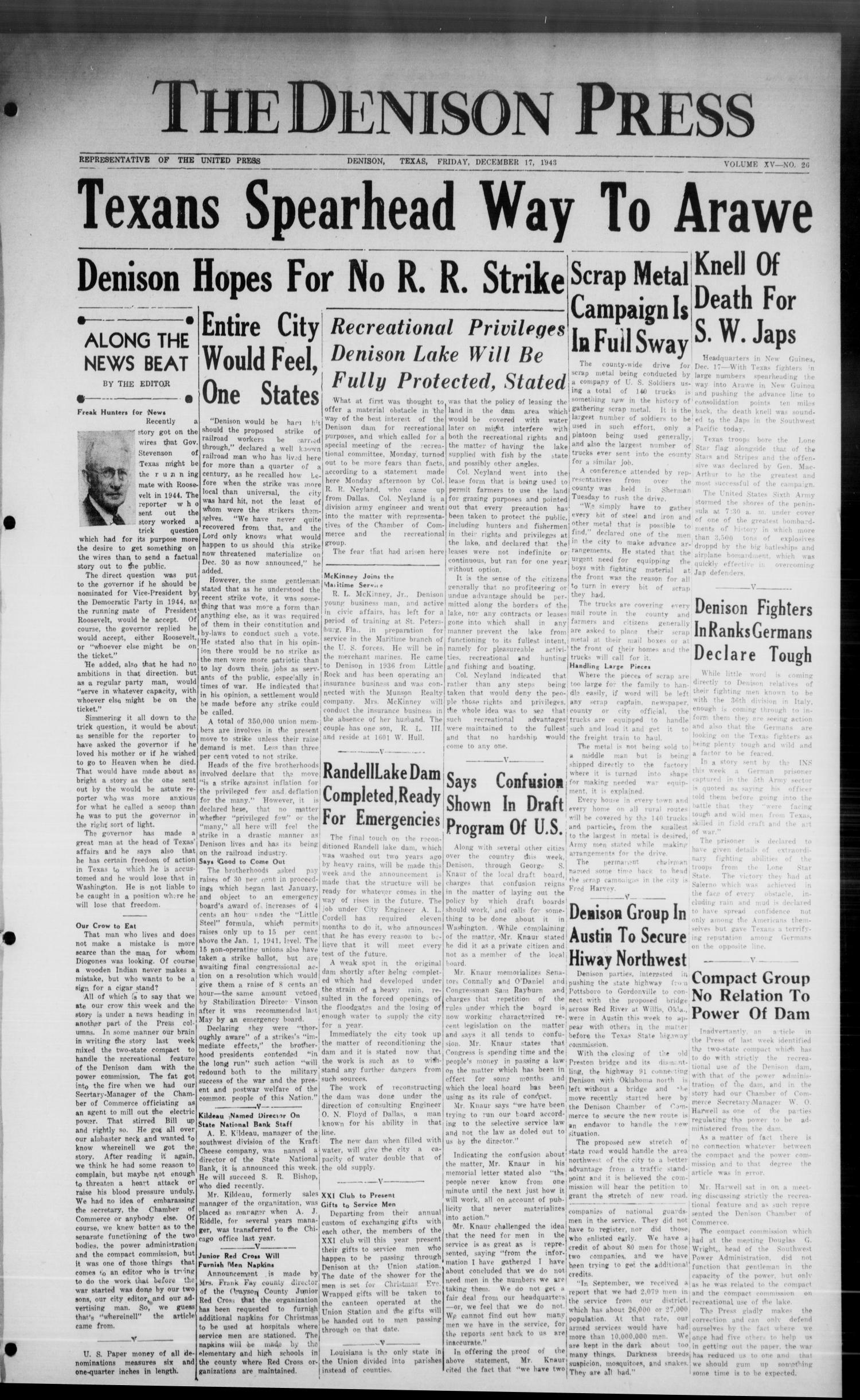 The Denison Press (Denison, Tex.), Vol. 15, No. 26, Ed. 1 Friday, December 17, 1943
                                                
                                                    [Sequence #]: 1 of 6
                                                