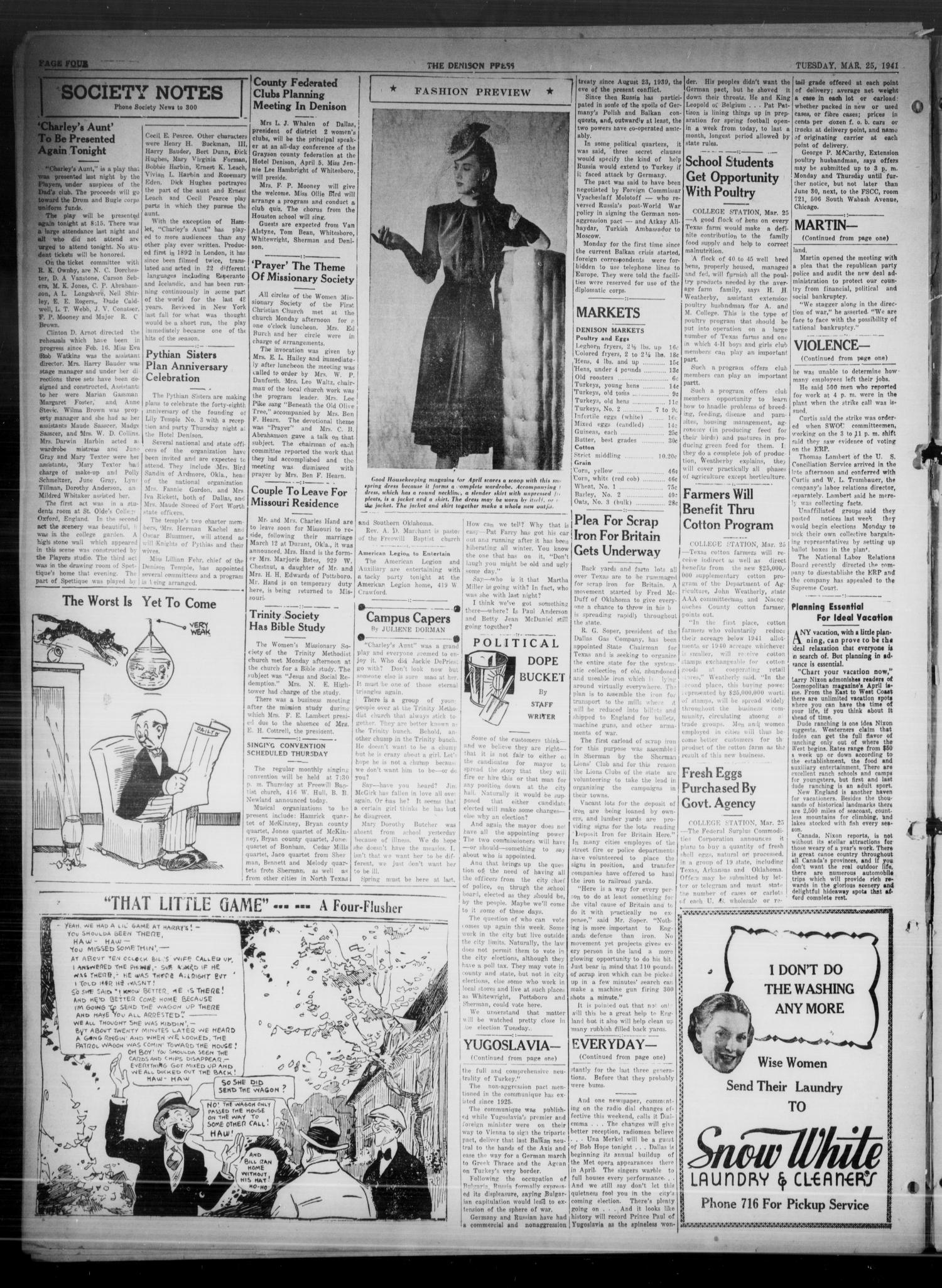 The Denison Press (Denison, Tex.), Vol. 7, No. 231, Ed. 1 Tuesday, March 25, 1941
                                                
                                                    [Sequence #]: 4 of 4
                                                