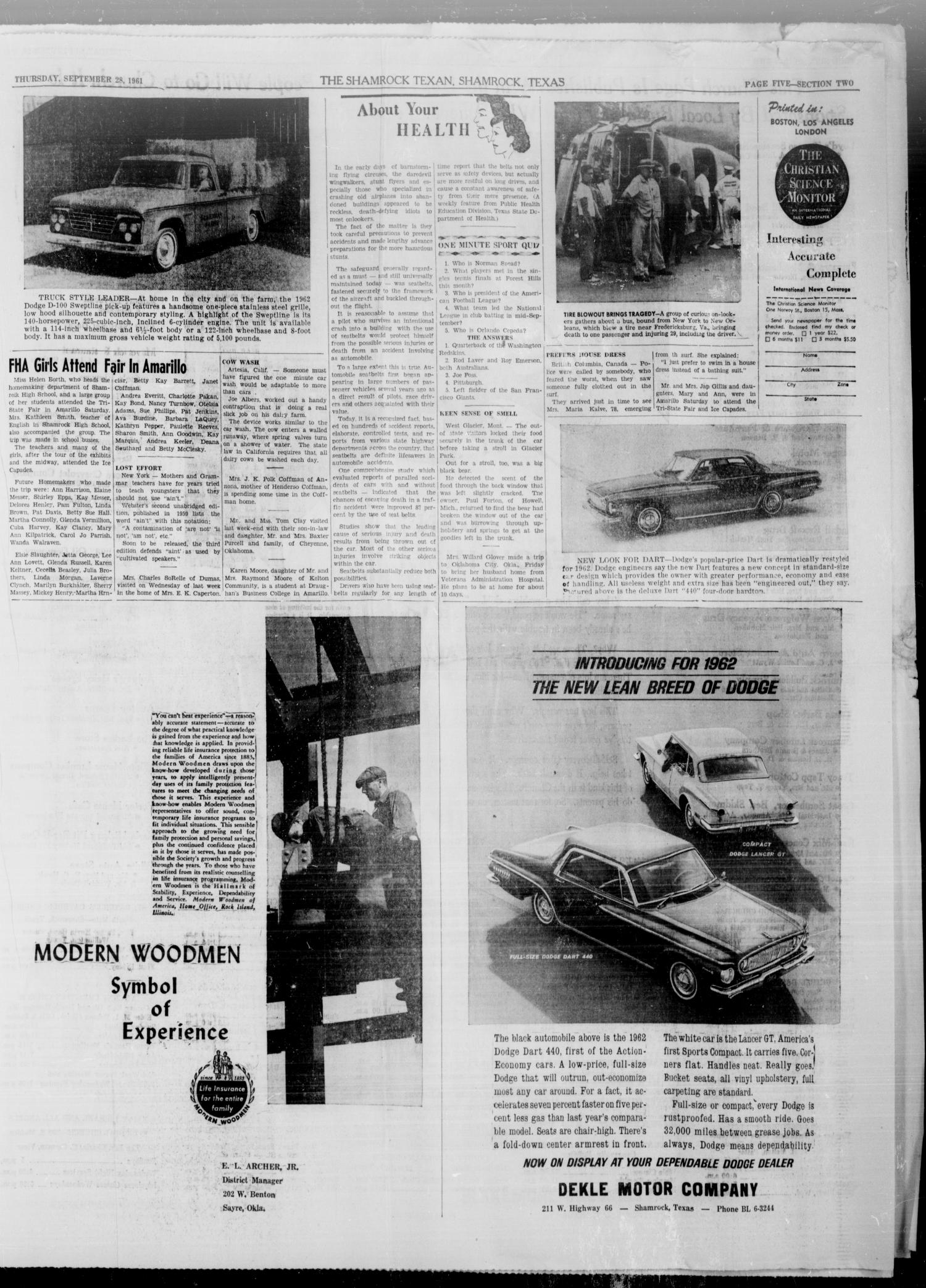 The Shamrock Texan (Shamrock, Tex.), Vol. 58, No. 25, Ed. 1 Thursday, September 28, 1961
                                                
                                                    [Sequence #]: 13 of 16
                                                
