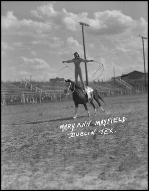 Primary view of object titled '[Photograph of Mary Ann Mayfield Trick Riding]'.