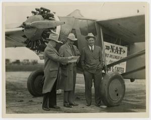 Primary view of object titled '[Three Men in Front of Airplane]'.
