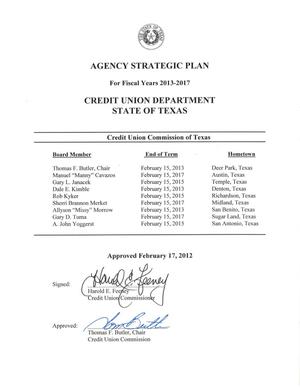 Primary view of object titled 'Texas Credit Union Department Strategic Plan: Fiscal Years 2013-2017'.