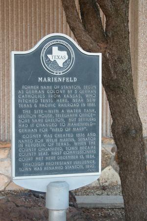 Primary view of object titled 'Historic plaque on grounds of Martin Co. Courthouse: Marienfeld'.
