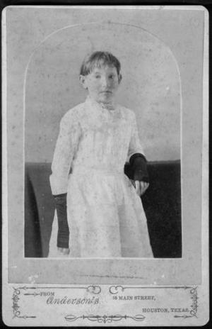 [A young girl in white dress and dark (finger-less) gloves.]