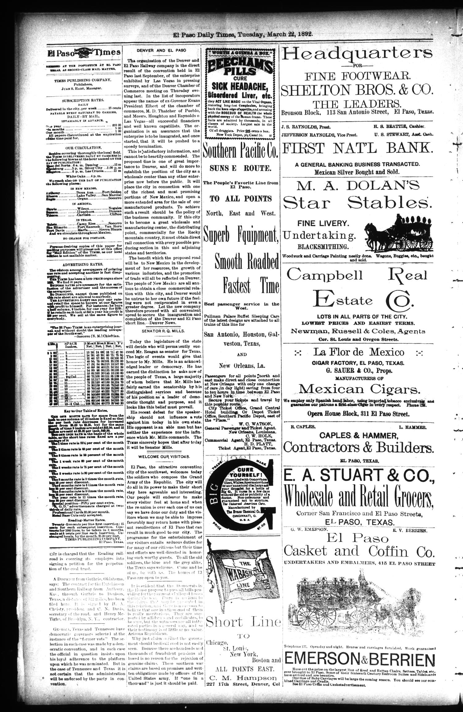 El Paso International Daily Times (El Paso, Tex.), Vol. 12, No. 69, Ed. 1 Tuesday, March 22, 1892
                                                
                                                    [Sequence #]: 4 of 8
                                                