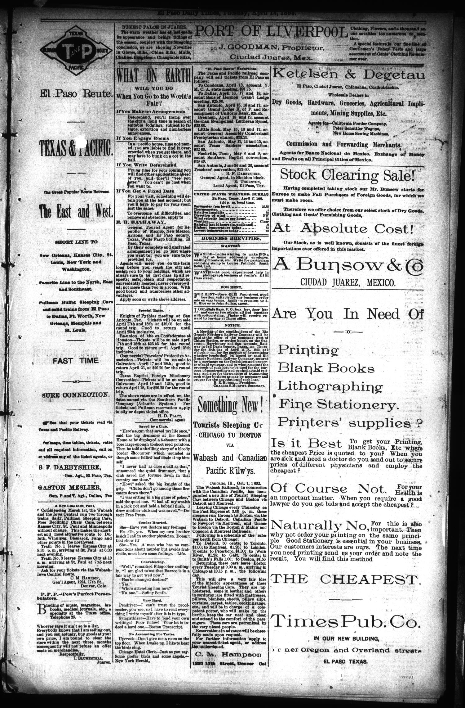 El Paso International Daily Times (El Paso, Tex.), Vol. 13, No. 92, Ed. 1 Tuesday, April 18, 1893
                                                
                                                    [Sequence #]: 3 of 8
                                                