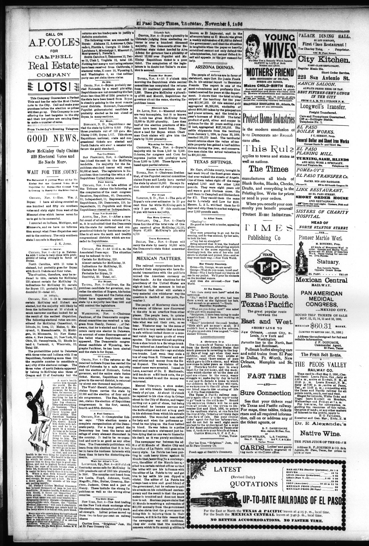 El Paso International Daily Times (El Paso, Tex.), Vol. SIXTEENTH YEAR, No. 270, Ed. 1 Thursday, November 5, 1896
                                                
                                                    [Sequence #]: 4 of 4
                                                