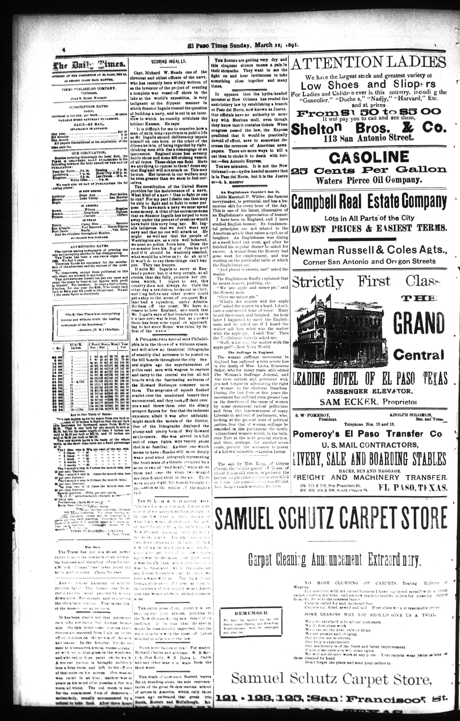 El Paso International Daily Times. (El Paso, Tex.), Vol. ELEVENTH YEAR, No. 69, Ed. 1 Sunday, March 22, 1891
                                                
                                                    [Sequence #]: 4 of 8
                                                