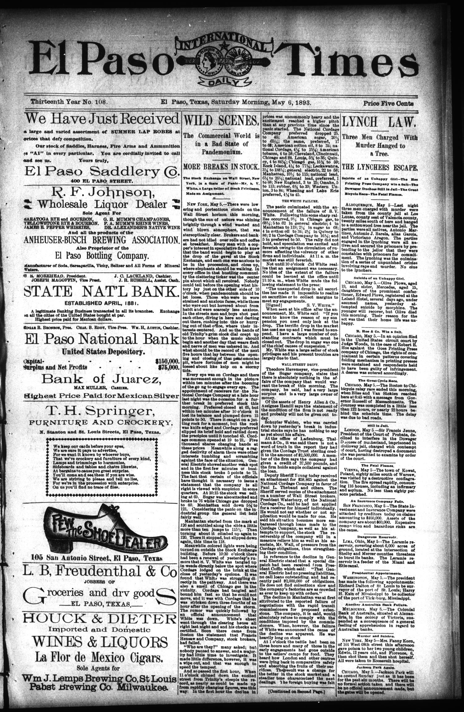 El Paso International Daily Times (El Paso, Tex.), Vol. 13, No. 108, Ed. 1 Saturday, May 6, 1893
                                                
                                                    [Sequence #]: 1 of 8
                                                
