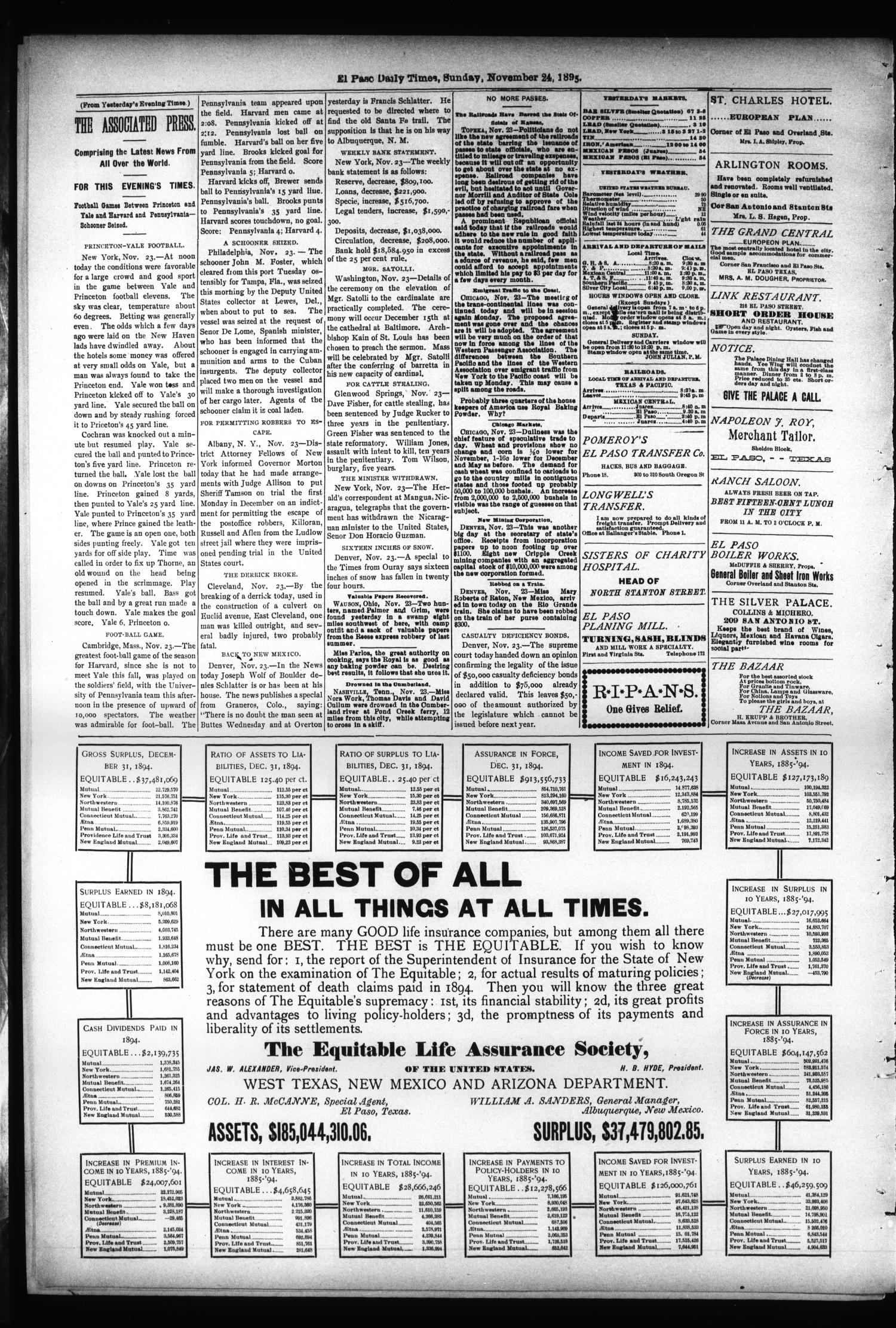 El Paso International Daily Times (El Paso, Tex.), Vol. Fifteenth Year, No. 280, Ed. 1 Sunday, November 24, 1895
                                                
                                                    [Sequence #]: 4 of 4
                                                