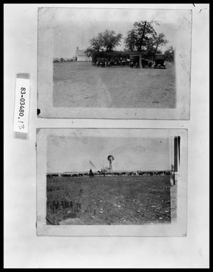 Primary view of object titled 'Baptist Church Exterior With Brush Arbor Tabernacle; Cattle Roundup'.