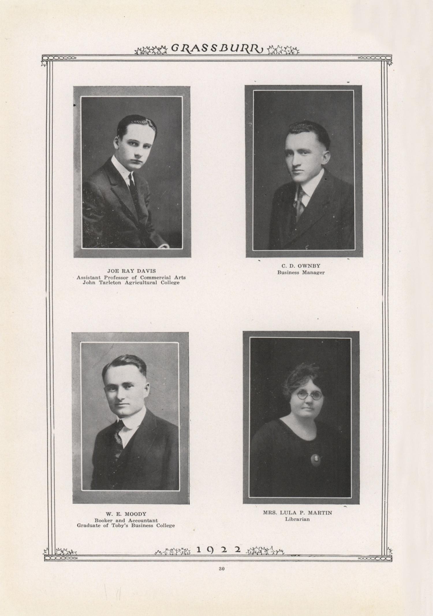 The Grassburr, Yearbook of John Tarleton Agricultural College, 1922
                                                
                                                    30
                                                
