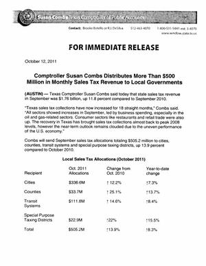 Primary view of object titled 'Comptroller Susan Combs Distributes $500 Million in Monthly Sales Tax Revenue to Local Governments'.