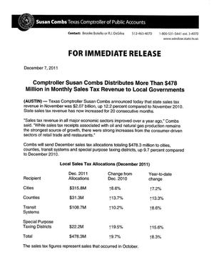 Primary view of object titled 'Comptroller Susan Combs Distributes More Than $478 Million in Monthly Sales Tax Revenue to Local Governments'.