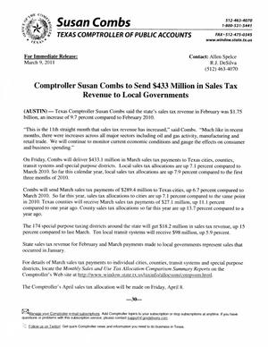 Comptroller Susan Combs Distributes $433 Million in Monthly Sales Tax Revenue to Local Governments