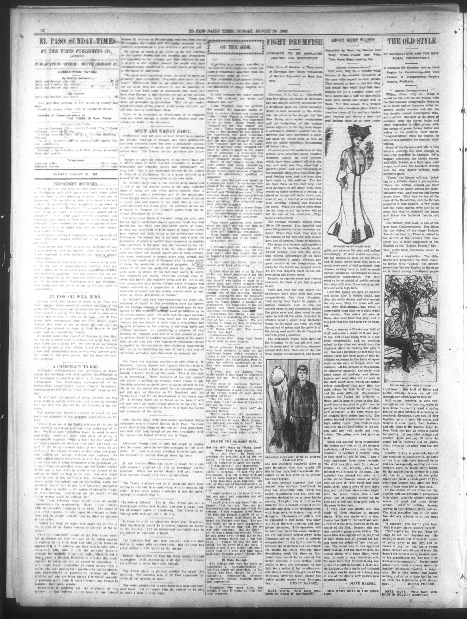 El Paso Sunday Times El Paso Tex Vol 22 Ed 1 Sunday August 24 1902 Page 12 Of The Portal To Texas History