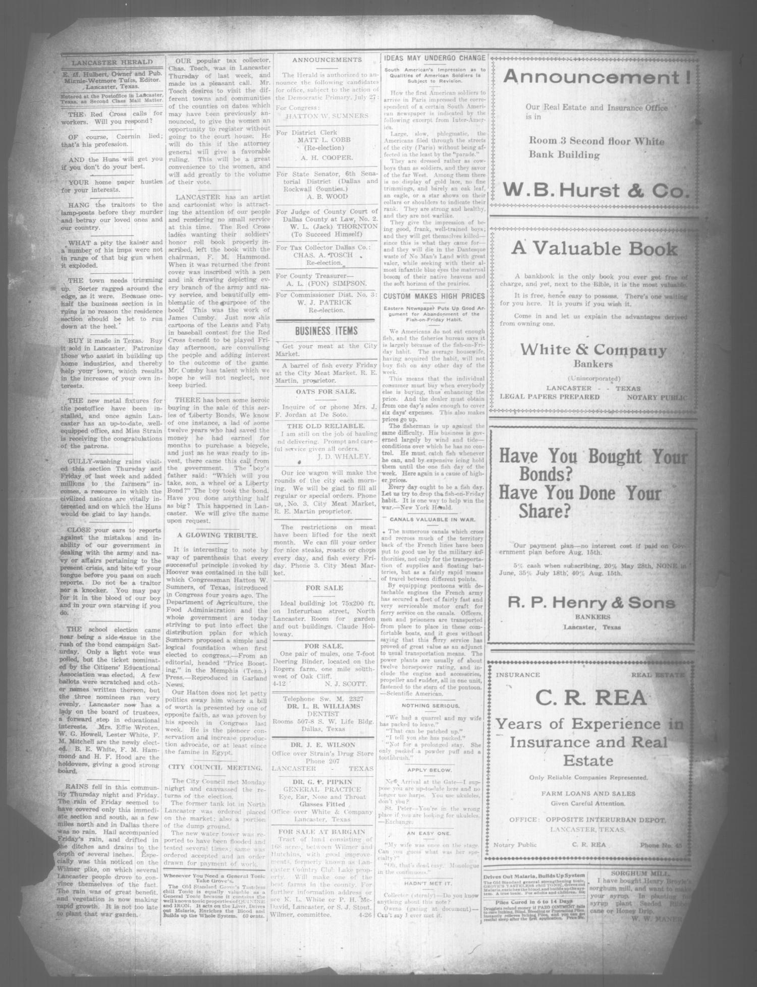 The Lancaster Herald. (Lancaster, Tex.), Vol. 32, No. 1, Ed. 1 Friday, April 12, 1918
                                                
                                                    [Sequence #]: 4 of 8
                                                