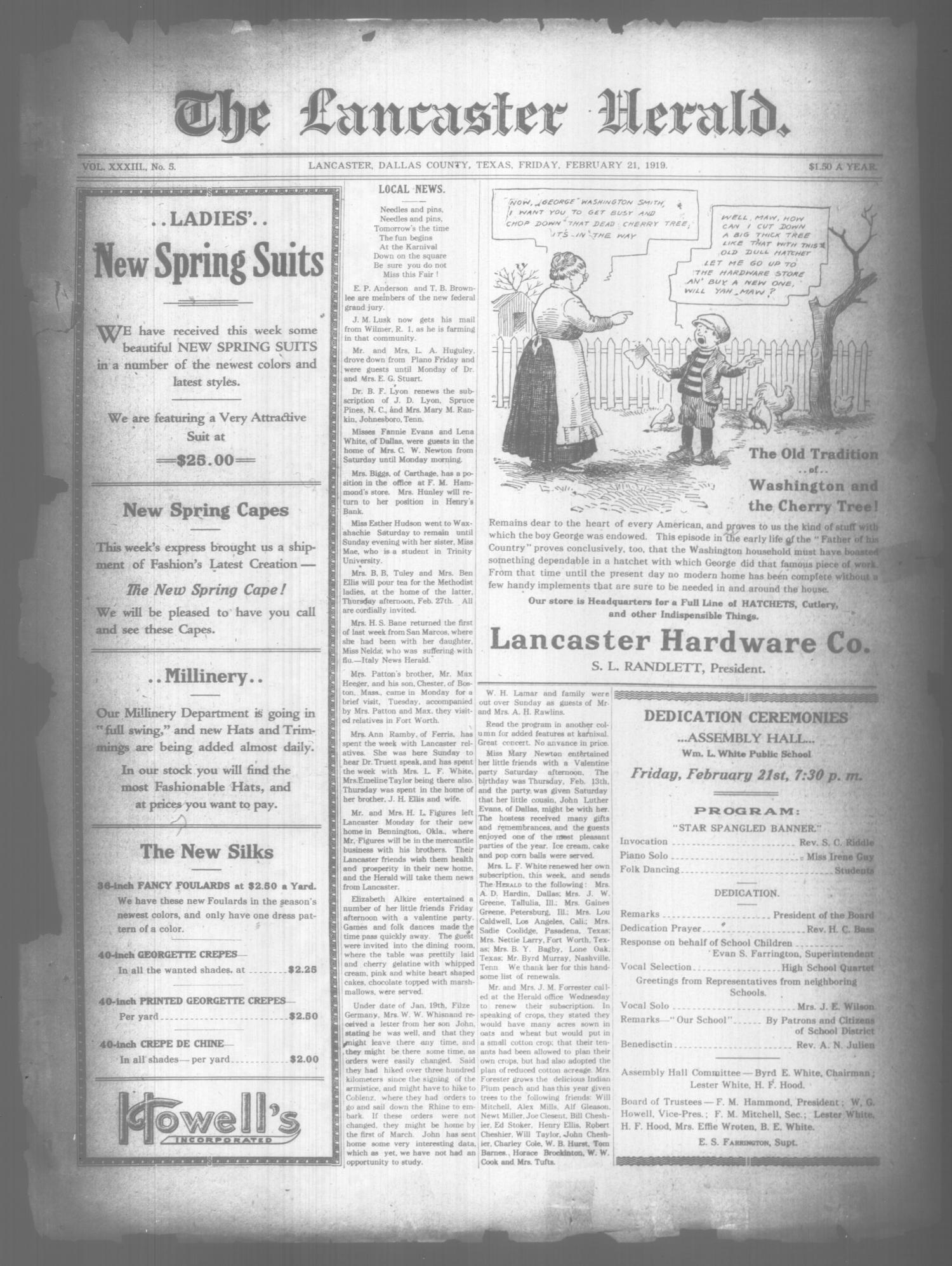 The Lancaster Herald. (Lancaster, Tex.), Vol. 33, No. 5, Ed. 1 Friday, February 21, 1919
                                                
                                                    [Sequence #]: 1 of 8
                                                