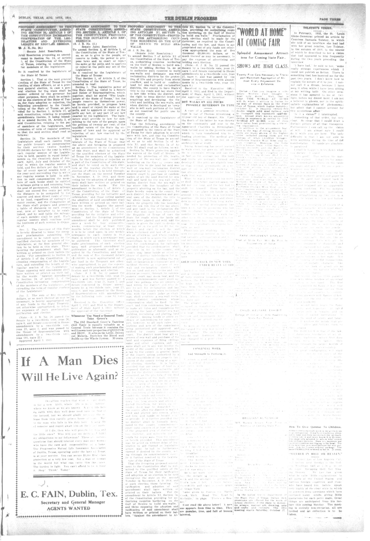 The Dublin Progress. (Dublin, Tex.), Ed. 1 Friday, August 14, 1914
                                                
                                                    [Sequence #]: 3 of 8
                                                