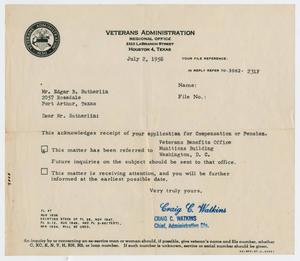 Primary view of object titled '[Letter from Craig C. Watkins to Edgar B. Sutherlin, July 2, 1958]'.