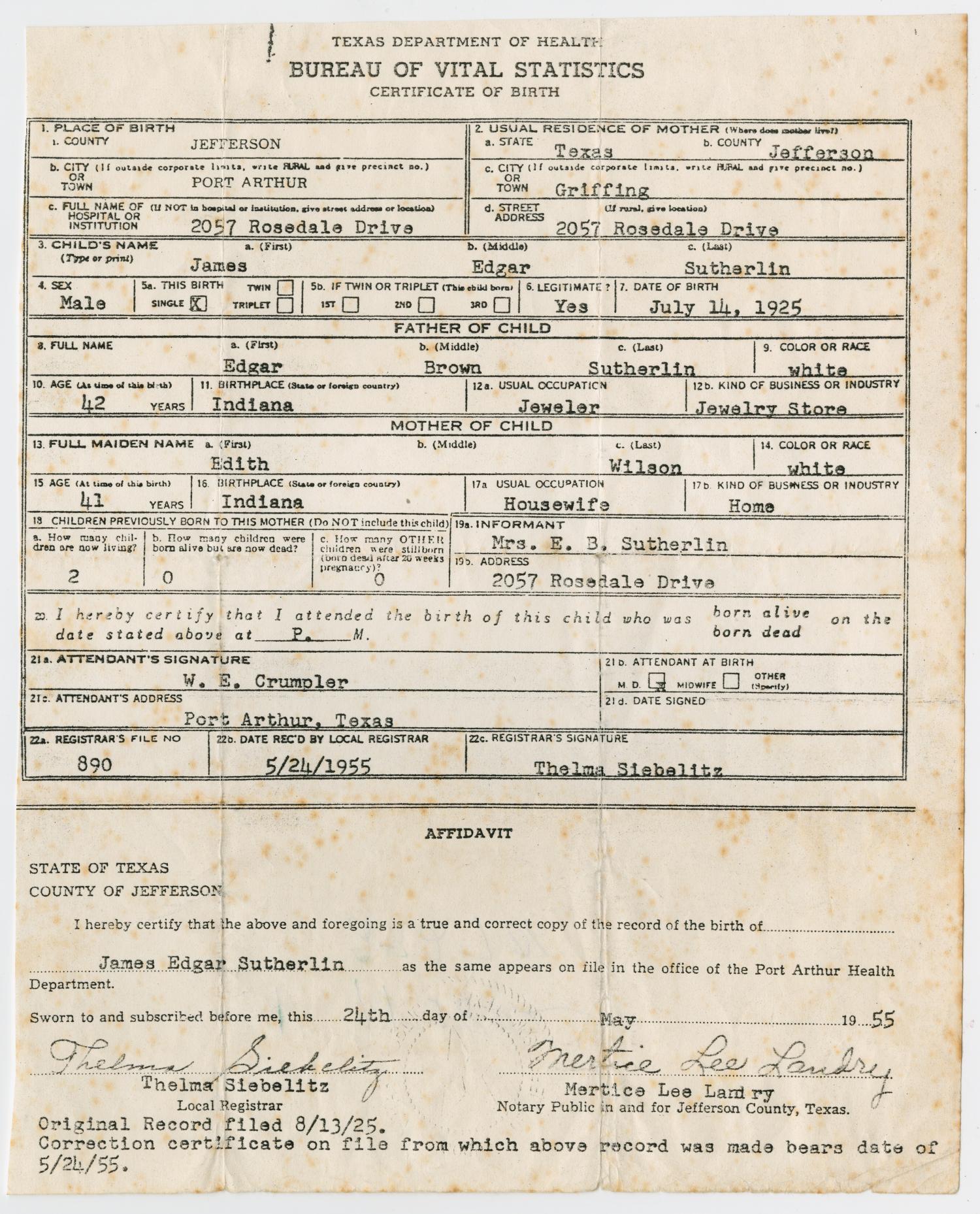 Birth Certificate Of James Edgar Sutherlin Page 1 Of 2 The Portal To Texas History