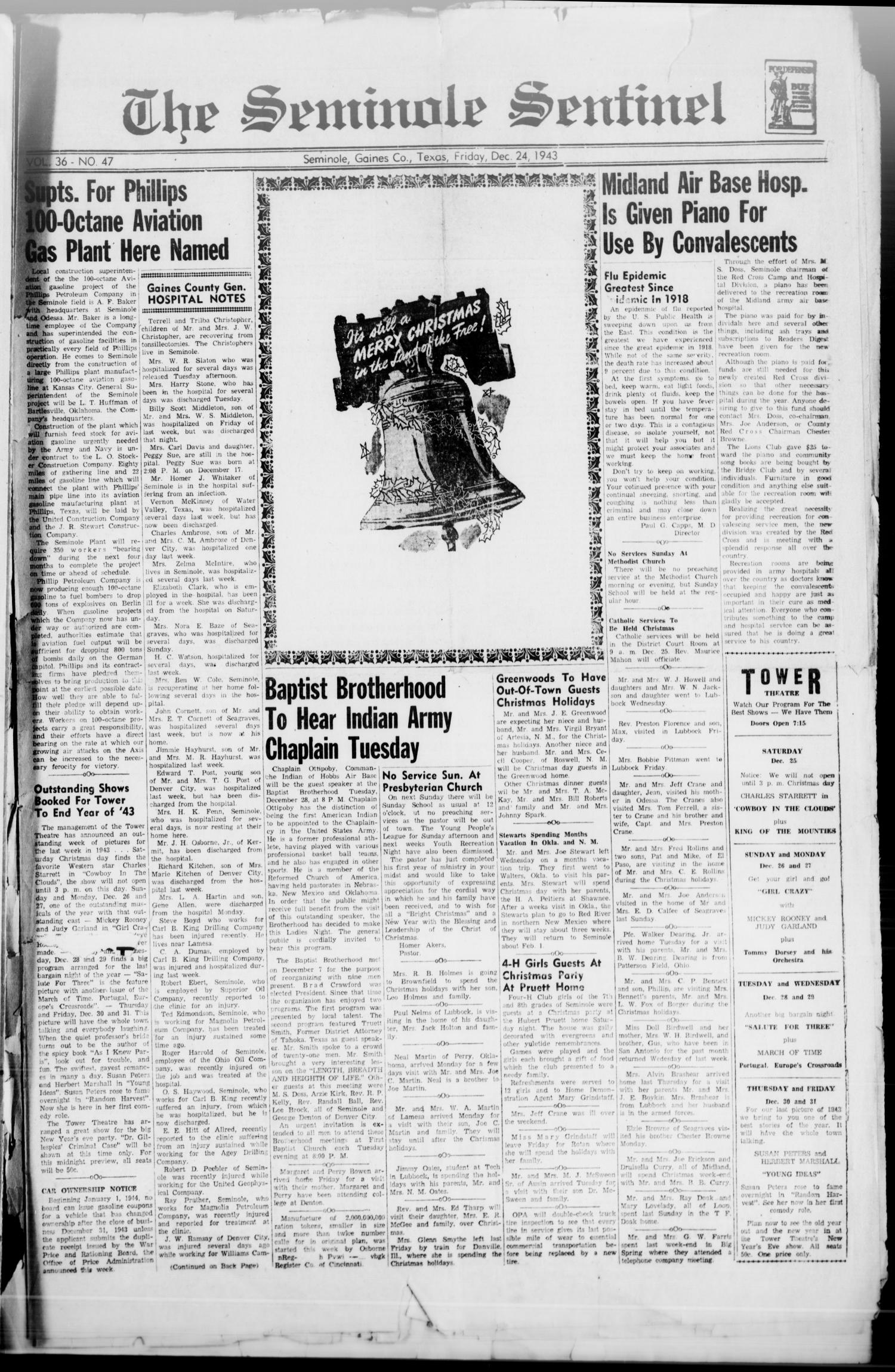 The Seminole Sentinel (Seminole, Tex.), Vol. 36, No. 47, Ed. 1 Friday, December 24, 1943
                                                
                                                    [Sequence #]: 1 of 6
                                                