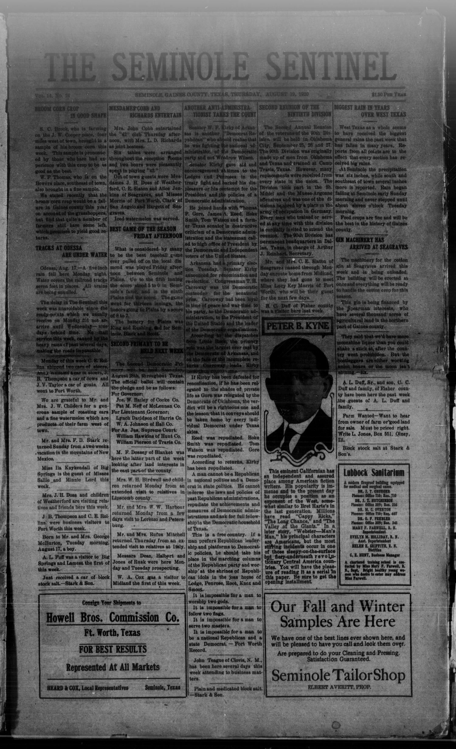 The Seminole Sentinel (Seminole, Tex.), Vol. 14, No. 24, Ed. 1 Thursday, August 19, 1920
                                                
                                                    [Sequence #]: 1 of 8
                                                