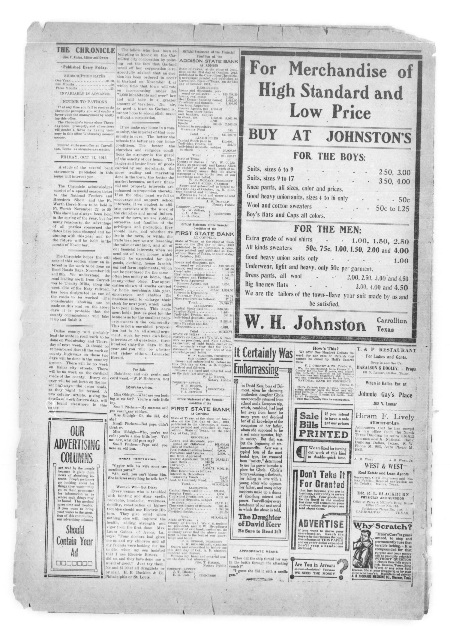 Carrollton Chronicle (Carrollton, Tex.), Vol. 10, No. 13, Ed. 1 Friday, October 31, 1913
                                                
                                                    [Sequence #]: 4 of 8
                                                